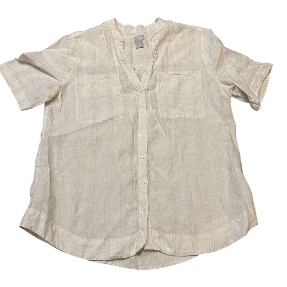 Chico's Women's White Striped V-Neck Short Sleeve‎ Blouse Size 2